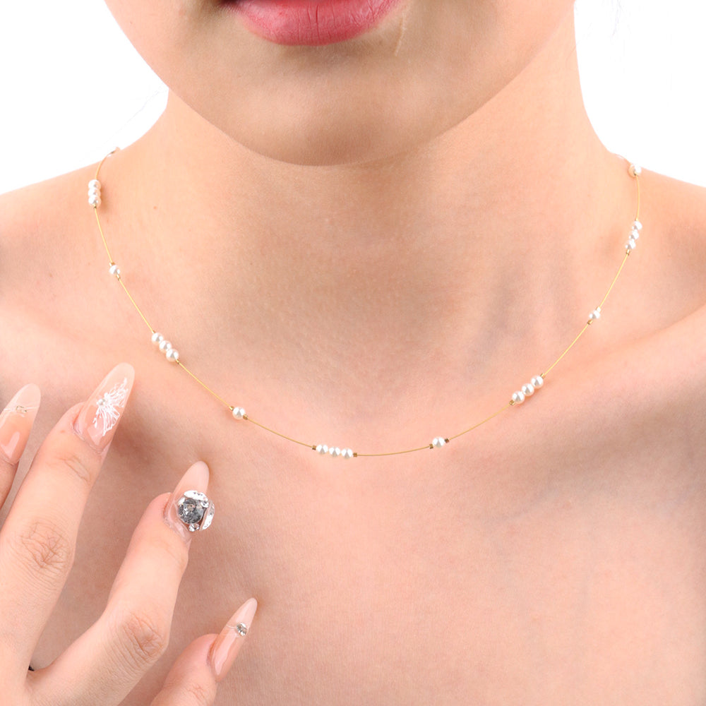Man-made Pearl Satellite Beads Gold Silk Thread Chain Necklace - PVD 18k Gold Plated 316L Stainless Steel_N011