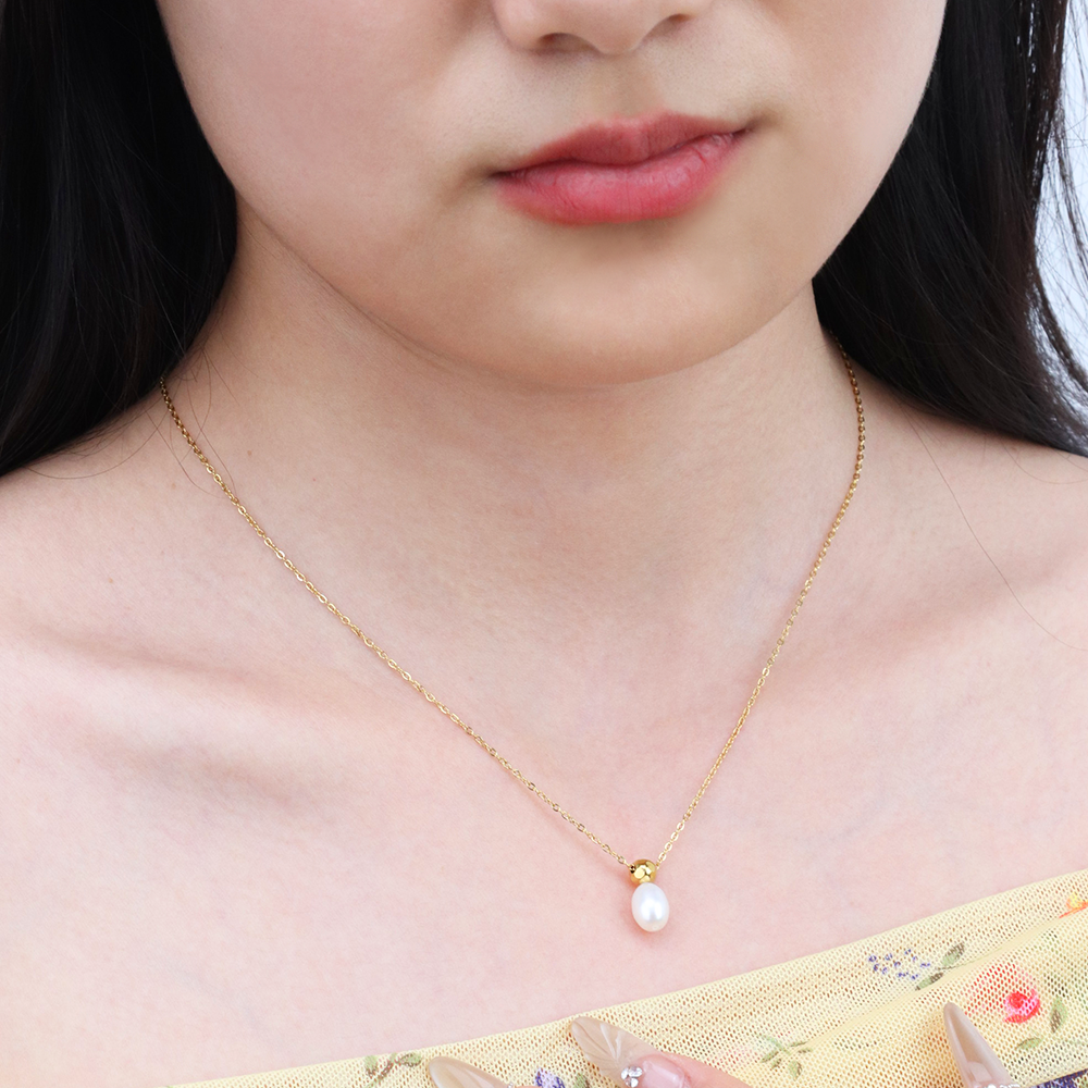 Natural Freshwater Pearl Perfume Bottle Shape Necklace - PVD 18k Gold Plated 316L Stainless Steel_N007