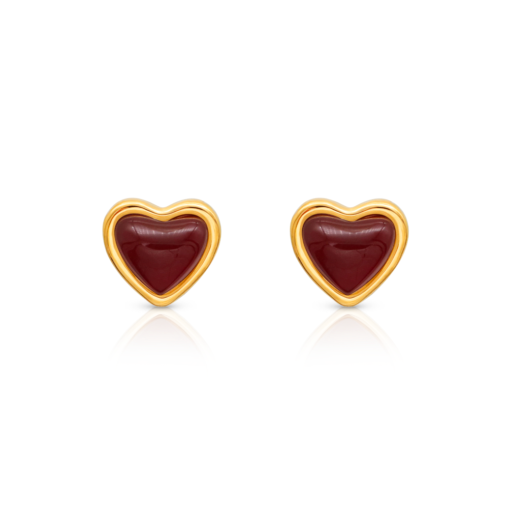 Natural Red / White Agate Heart Stud Earring - PVD 18k Gold Plated 316L Stainless Steel_E015-E016