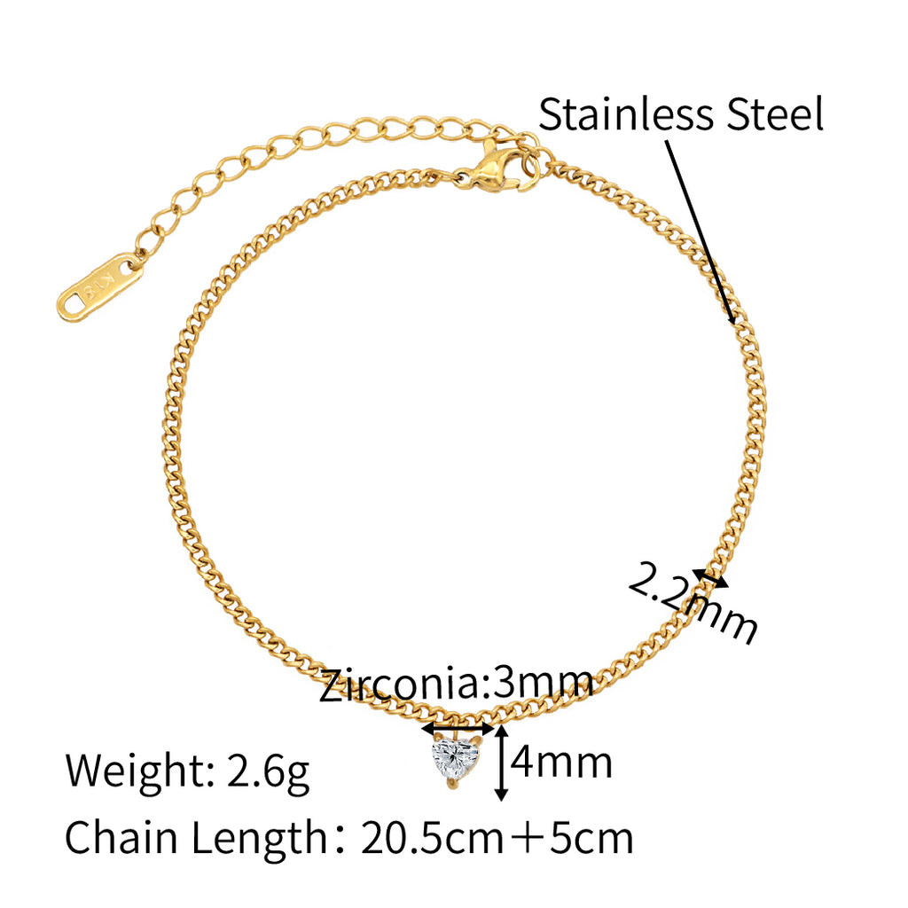 Cute Heart Cz Charm Delicate Anklet for Girls - PVD 18k Gold Plated 316L Stainless Steel_A003
