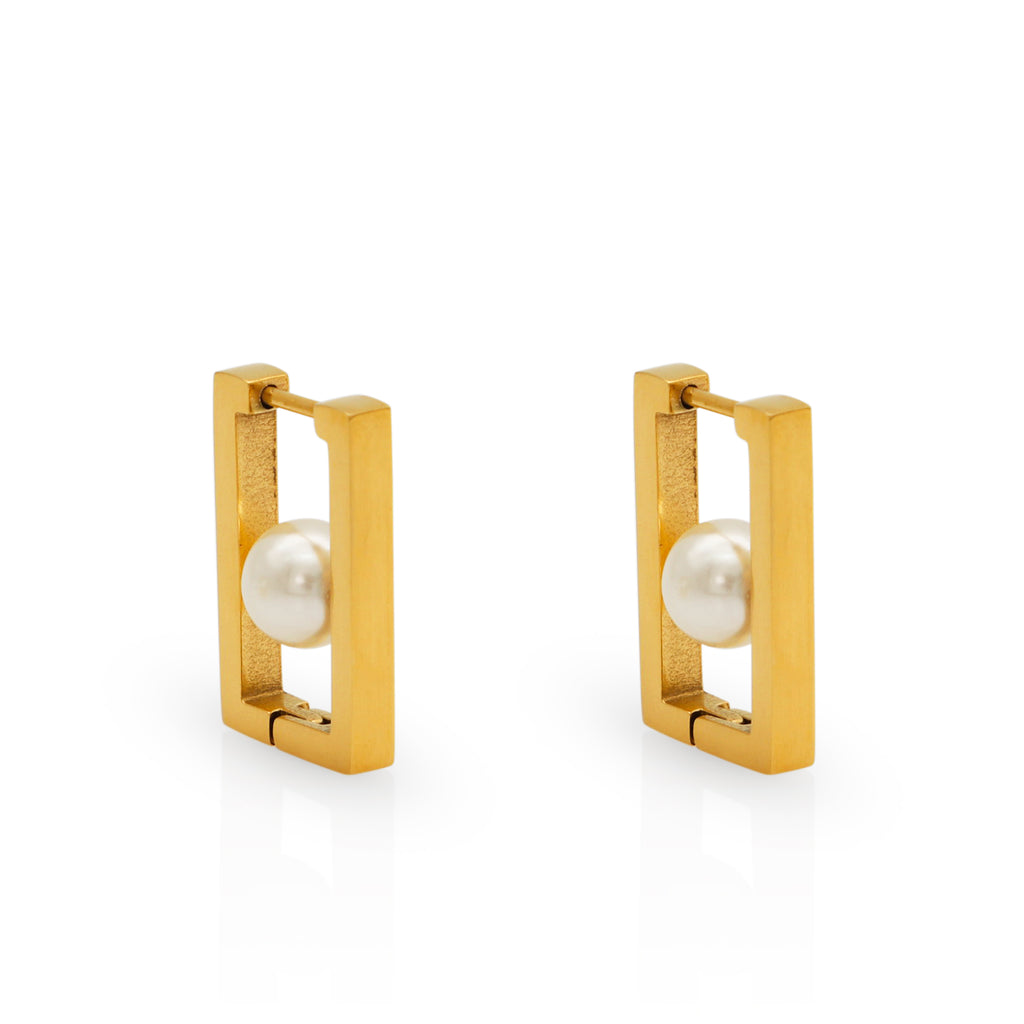Shell Pearl Geometric Oblong Hoops Earrings - PVD 18k Gold Plated 316L Stainless Steel_E-039