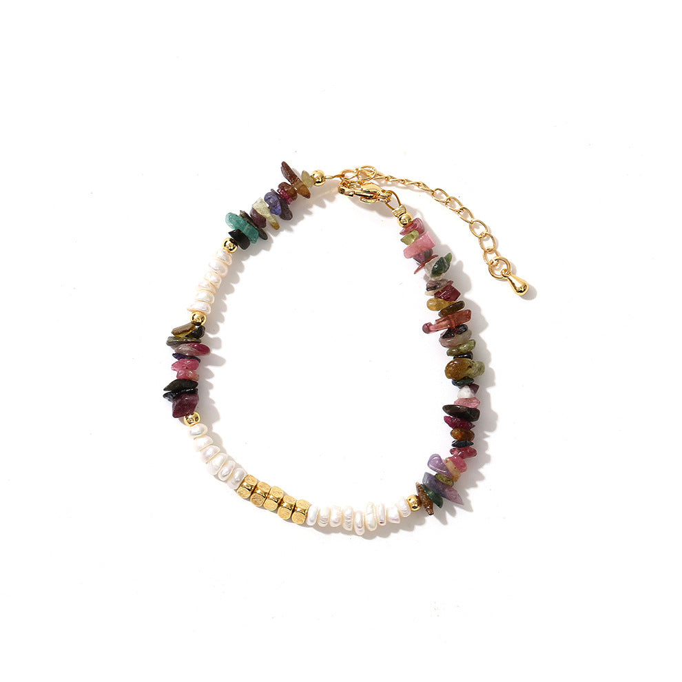 Bohemian Style Colorful Tourmaline Natural Stone Beaded Necklace Freshwater Pearl Necklace - Set010