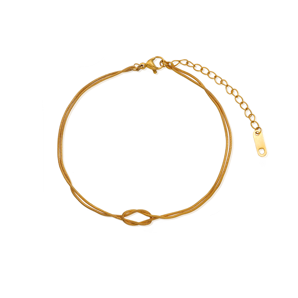 Double Layers Knot Round Snake Chain Anklet - PVD 18k Gold Plated 316L Stainless Steel_A004