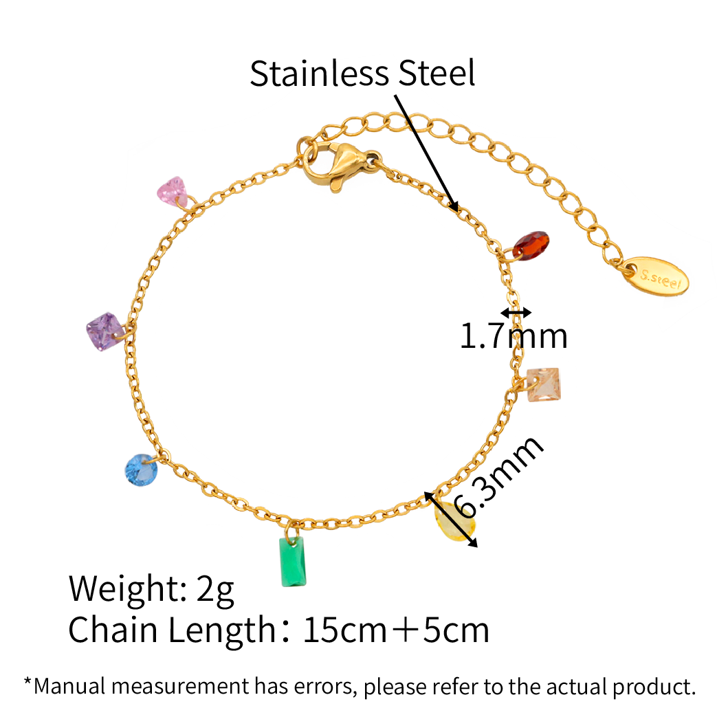 Rainbow Colors Zirconias  Multi-shapes Charms Cable Chain Charms Bracelets - PVD 18k Gold Plated 316L Stainless Steel_B028