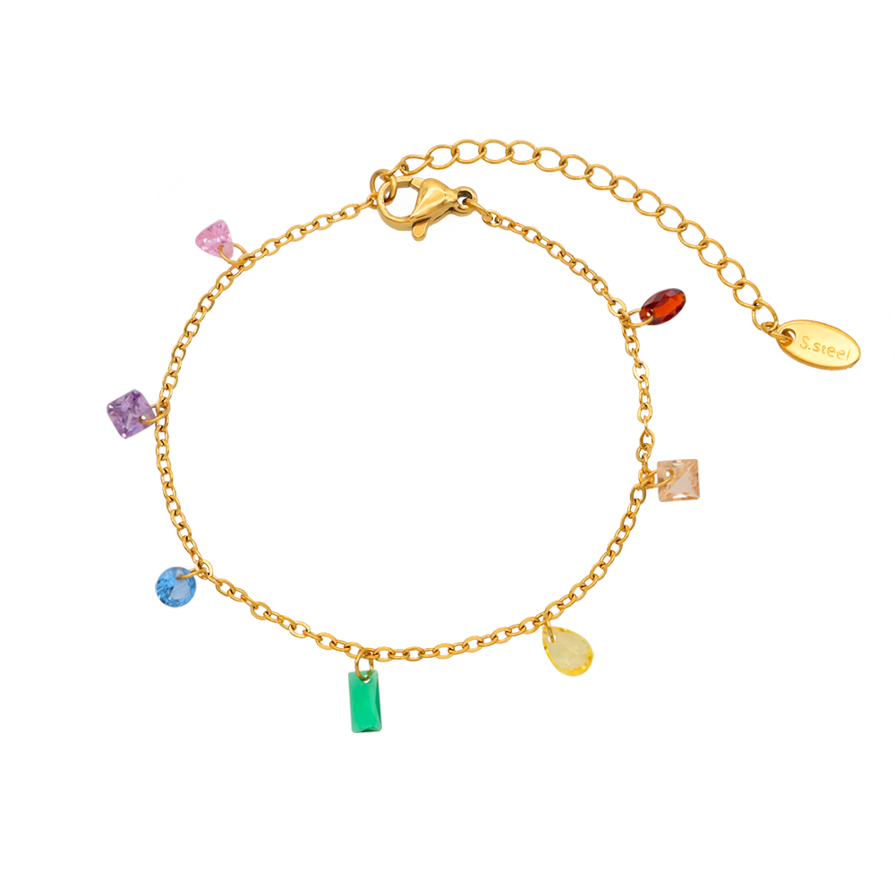 Rainbow Colors Zirconias  Multi-shapes Charms Cable Chain Charms Bracelets - PVD 18k Gold Plated 316L Stainless Steel_B028