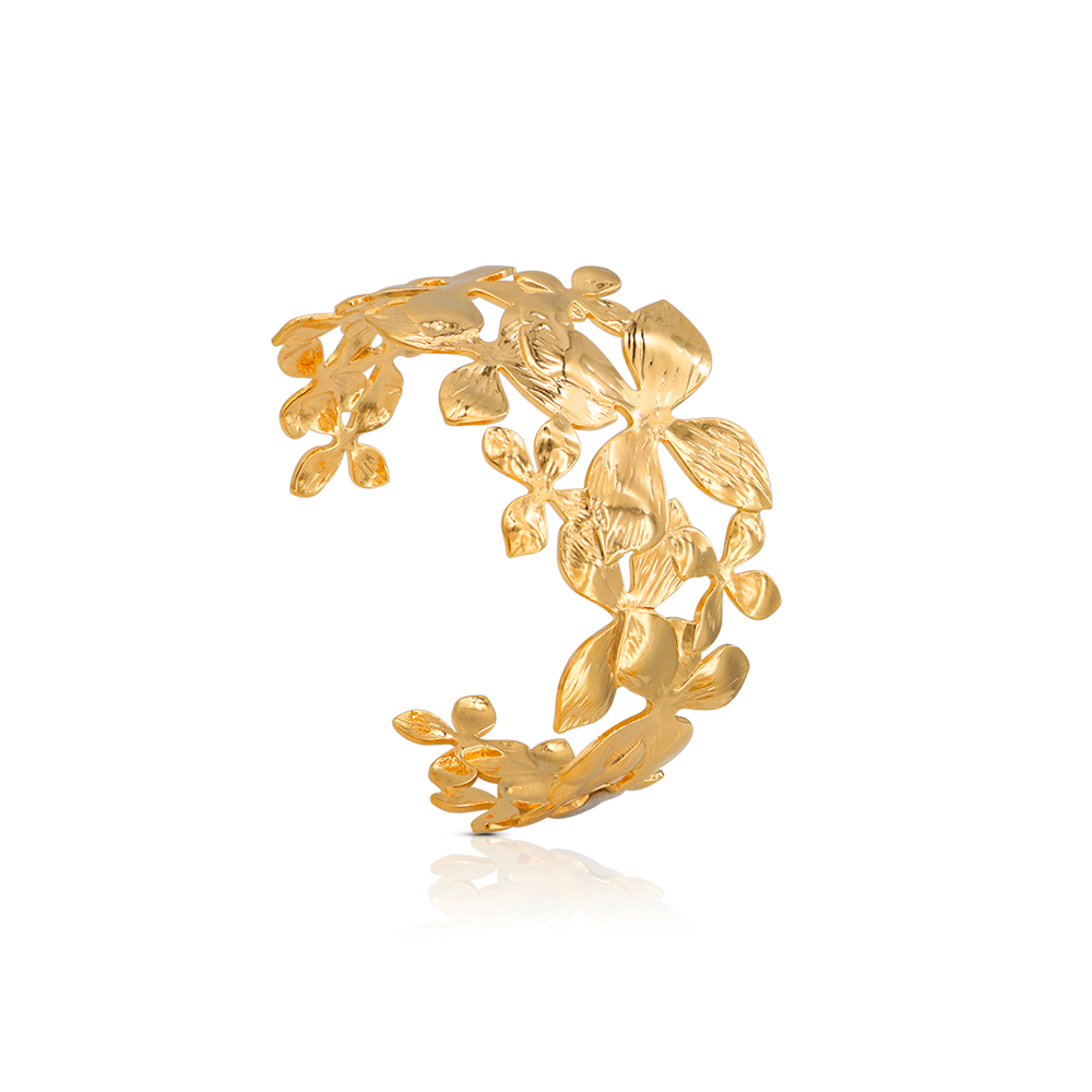 Chunky Flowers Wide Cuff Bangle - PVD 18k Gold Plated 316L Stainless Steel_B027