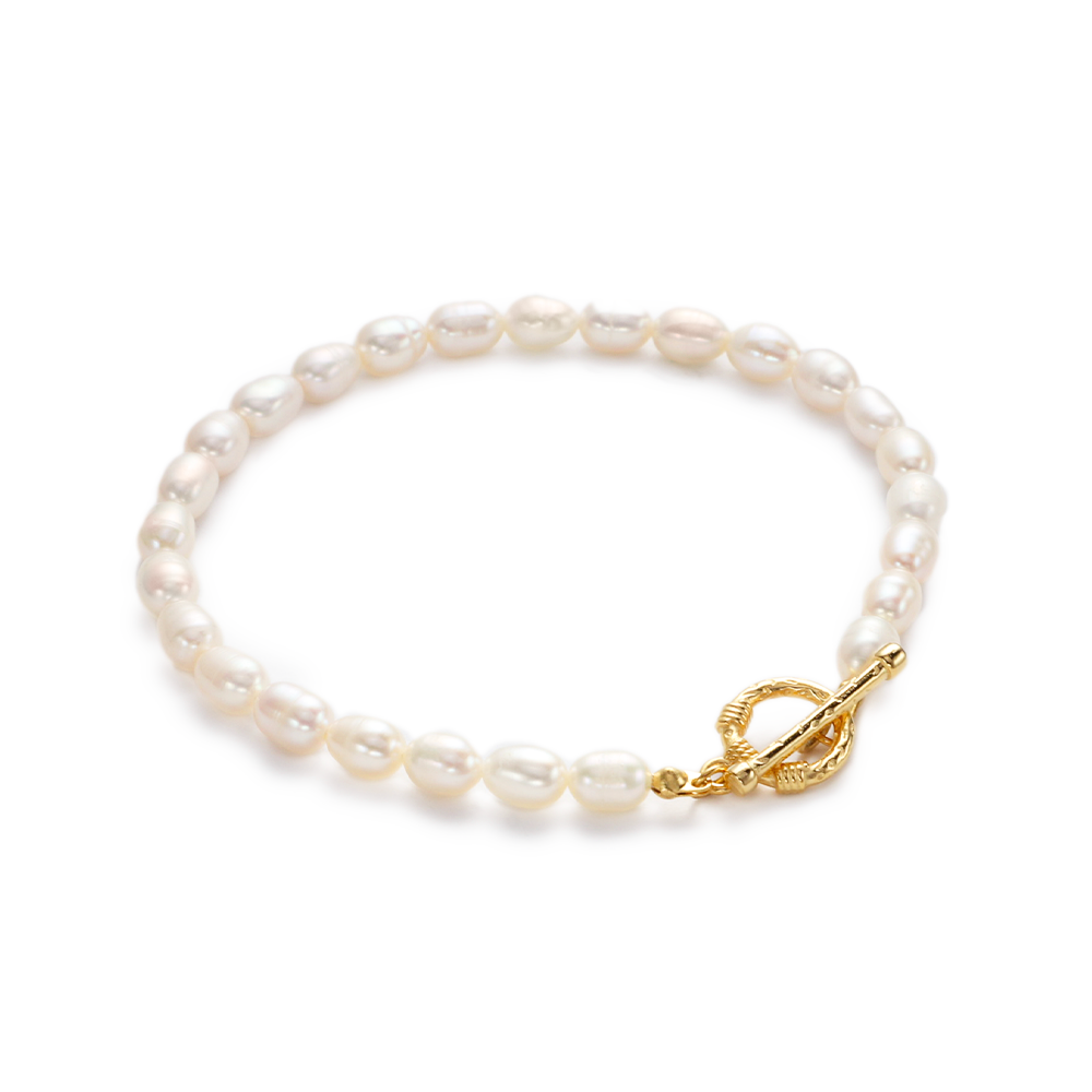 Natural Freshwater Pearl T-bar Clasp Bracelet - PVD 18k Gold Plated 316L Stainless Steel_B014