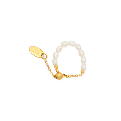 Adjustable Chain Shell Pearl Finger Ring - PVD 18k Gold Plated 316L Stainless Steel_r041