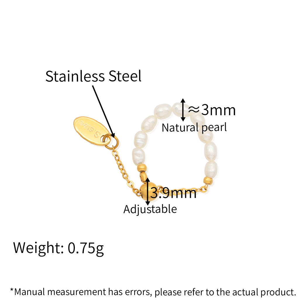 Adjustable Chain Shell Pearl Finger Ring - PVD 18k Gold Plated 316L Stainless Steel_R041