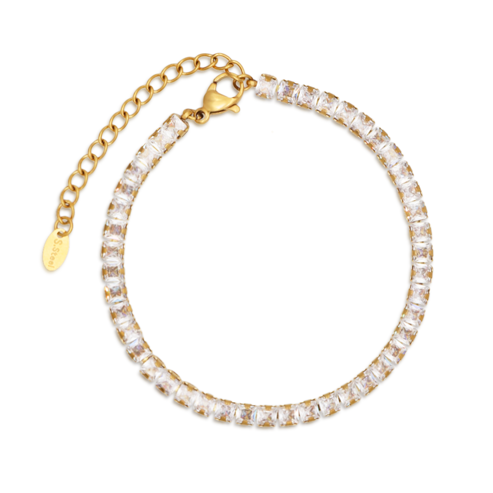 Bejeweled Princess Cut Cz Chain square Shape Zircon Tennis Bracelet - PVD 18k Gold Plated 316L Stainless Steel_B015