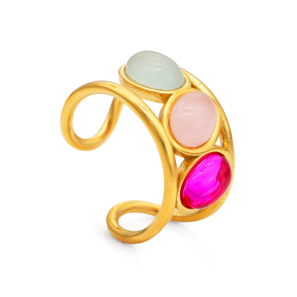 Band Ring Gold Colorful Gems Hollowed-out Chunky Rings - PVD 18k Gold Plated 316L Stainless Steel_R021