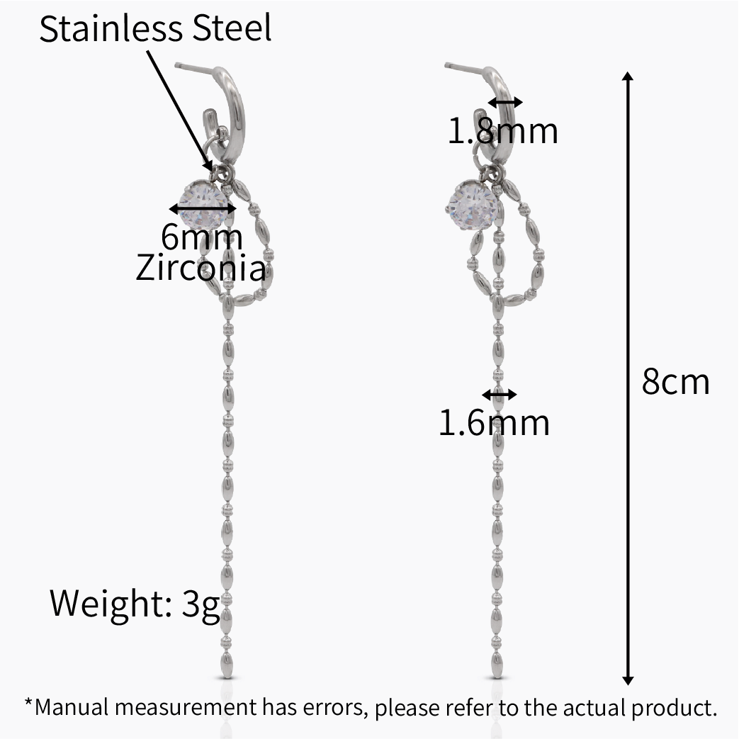  316L Stainless Steel Oliver Beads Chain C-shape Long Chain Tassel Earrings_E026