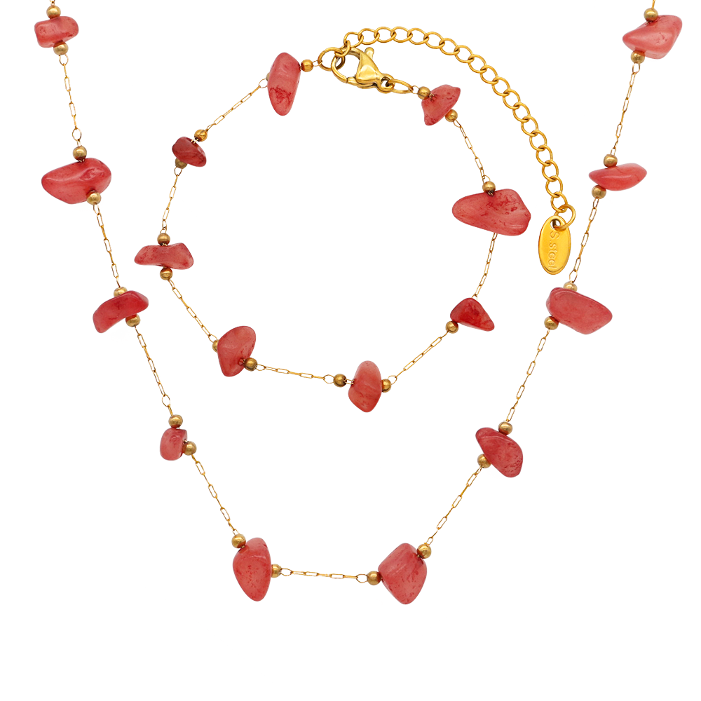 Natural pink Quartz Gems Macadam Power Stones Set (Necklace/ Chain Bracelet  - PVD 18k Gold Plated 316L Stainless Steel_Set001
