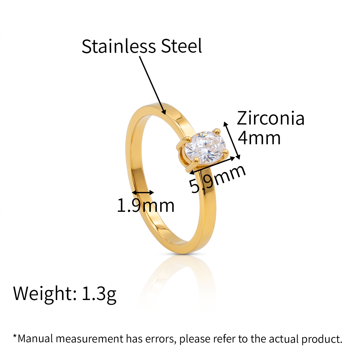 Solitaire Oval Zirconia Gold Plated Ring - 18K PVD Gold Plated 316L Stainless Steel - R070