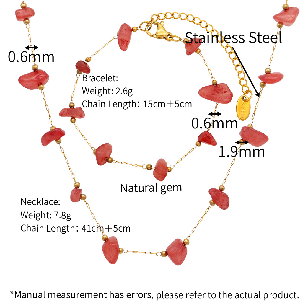 Natural pink Quartz Gems Macadam Power Stones Set (Necklace/ Chain Bracelet  - PVD 18k Gold Plated 316L Stainless Steel_Set001