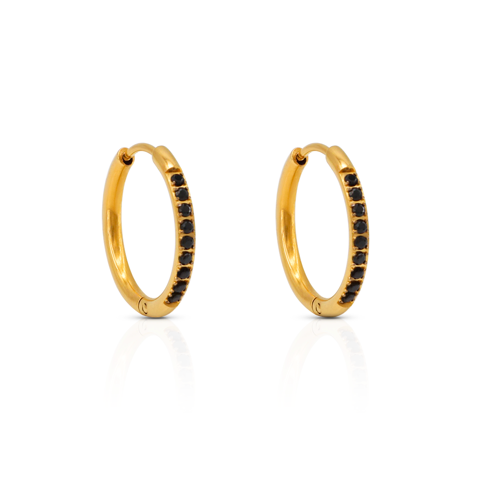 Black Zirconias Bejeweled Huggie Hoops Earrings - PVD 18k Gold Plated 316L Stainless Steel_E054