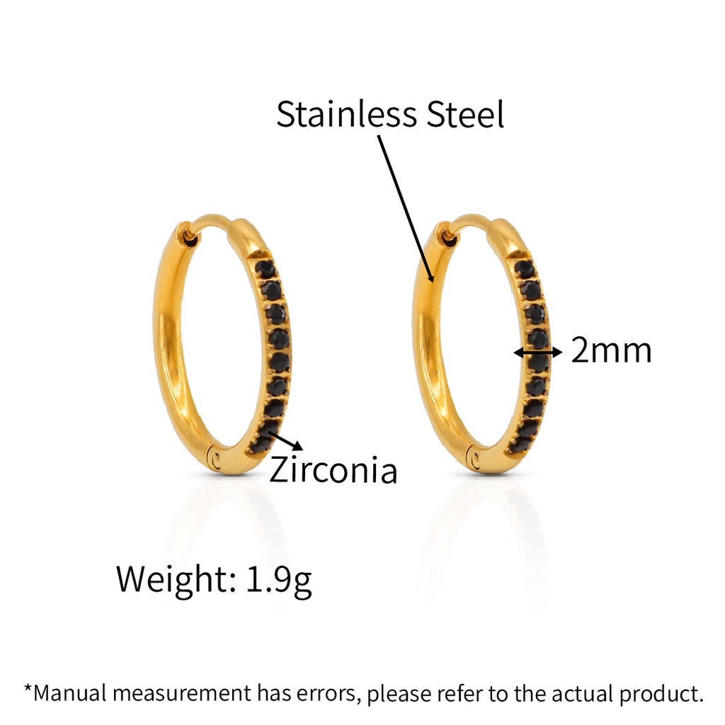 Black Zirconias Bejeweled Huggie Hoops Earrings - PVD 18k Gold Plated 316L Stainless Steel_E054
