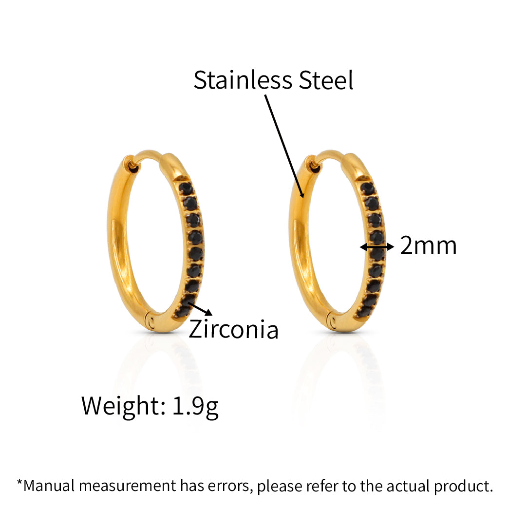Black Zirconias Bejeweled Huggie Hoops Earrings - PVD 18k Gold Plated 316L Stainless Steel_E054