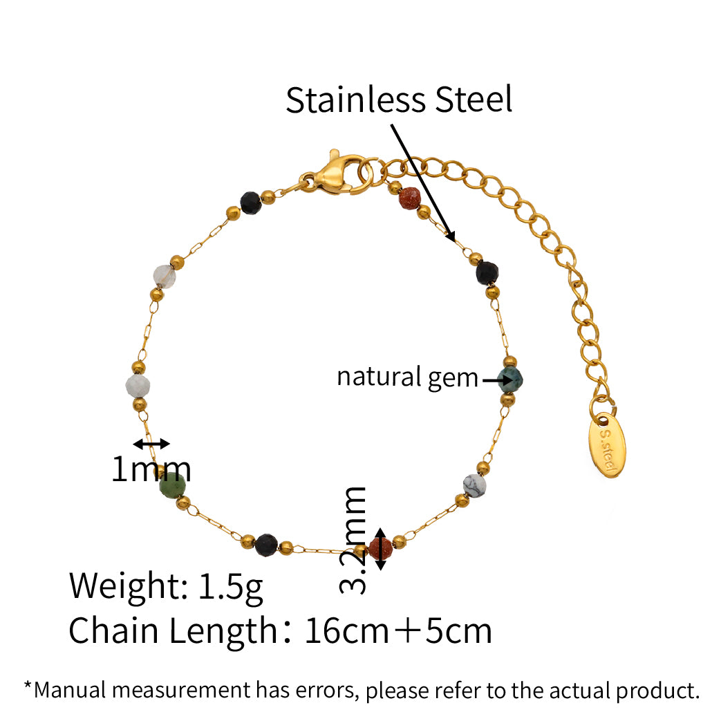 Original Design Natural Gems Colorful Beads Chain Bracelet - PVD 18k Gold Plated 316L Stainless Steel_B026