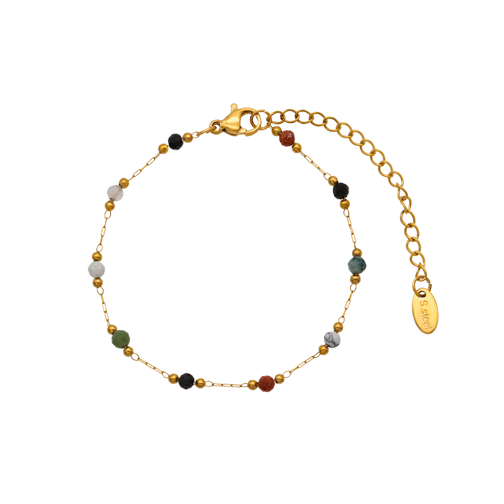 Original Design Natural Gems Colorful Beads Chain Bracelet - PVD 18k Gold Plated 316L Stainless Steel_B026