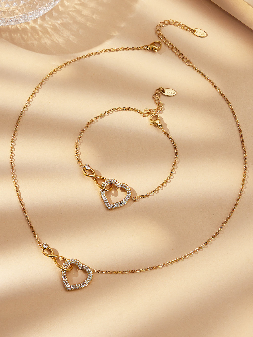 18K Gold-Plated Stainless Steel Jewelry Set - Full Diamond Heart 8 Cross Necklace Bracelet - Set008