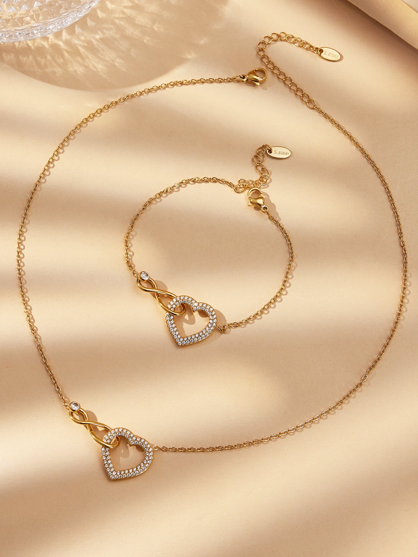 18K Gold-Plated Stainless Steel Jewelry Set - Full Diamond Heart 8 Cross Necklace Bracelet - Set008