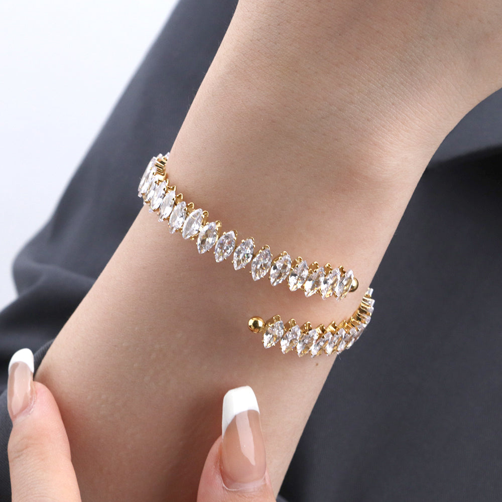 Marquises Zircons Full Bejeweled Adjustable Cuff Bracelet - PVD 18k Gold Plated 316L Stainless Steel-B020