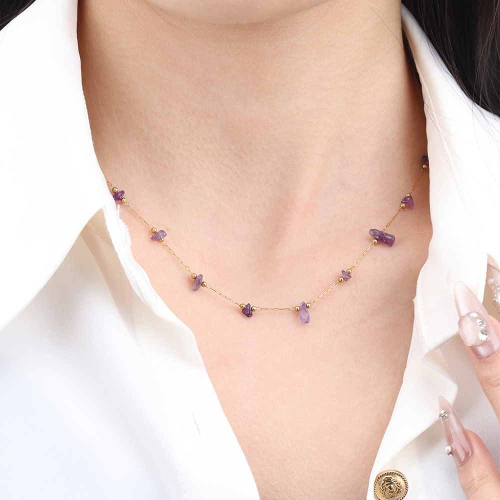 Natural Amethyst Crystal Quartz Satellite Chain Necklace - PVD 18k Gold Plated 316L Stainless Steel_N017