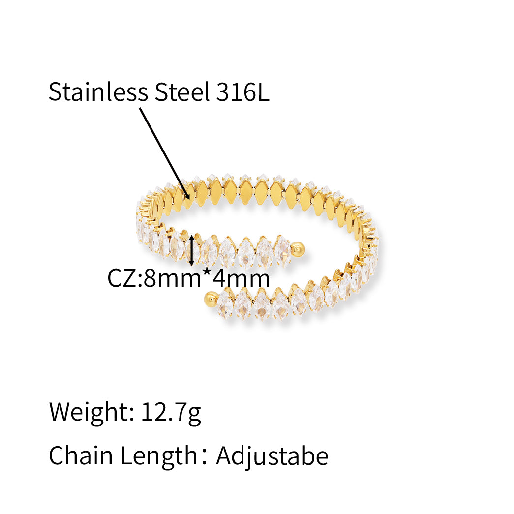 Marquises Zircons Full Bejeweled Adjustable Cuff Bracelet - PVD 18k Gold Plated 316L Stainless Steel-B020