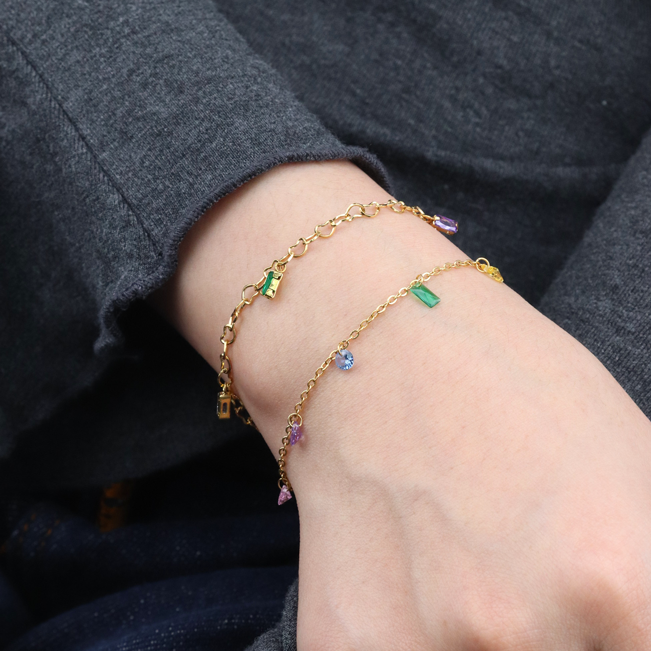 Rainbow Colors Zirconias  Multi-shapes Charms Cable Chain Charms Bracelets - PVD 18k Gold Plated 316L Stainless Steel_B028