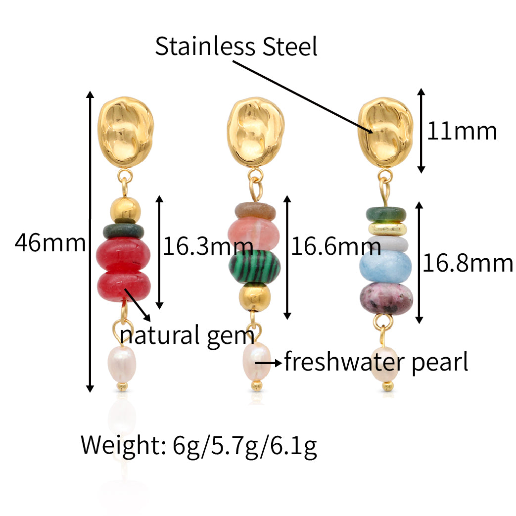 Natural Gem Stones Sweet Water Pearls Organic Texture Drop Earrings - PVD 18k Gold Plated 316L Stainless Steel_E024