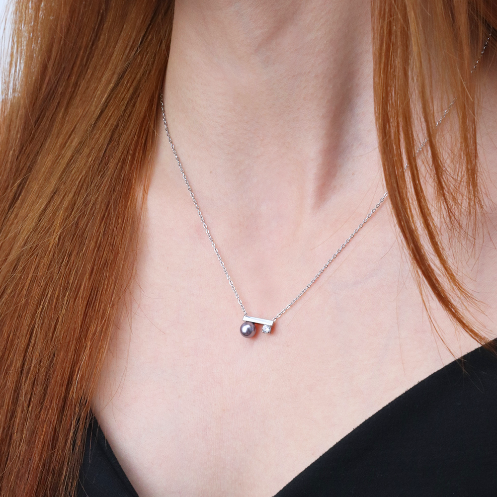 Minimalist Jewelry Balance bar Pearl Cz Pendant Charm Necklace - Silver 316L Stainless Steel with PVD Plating_N025