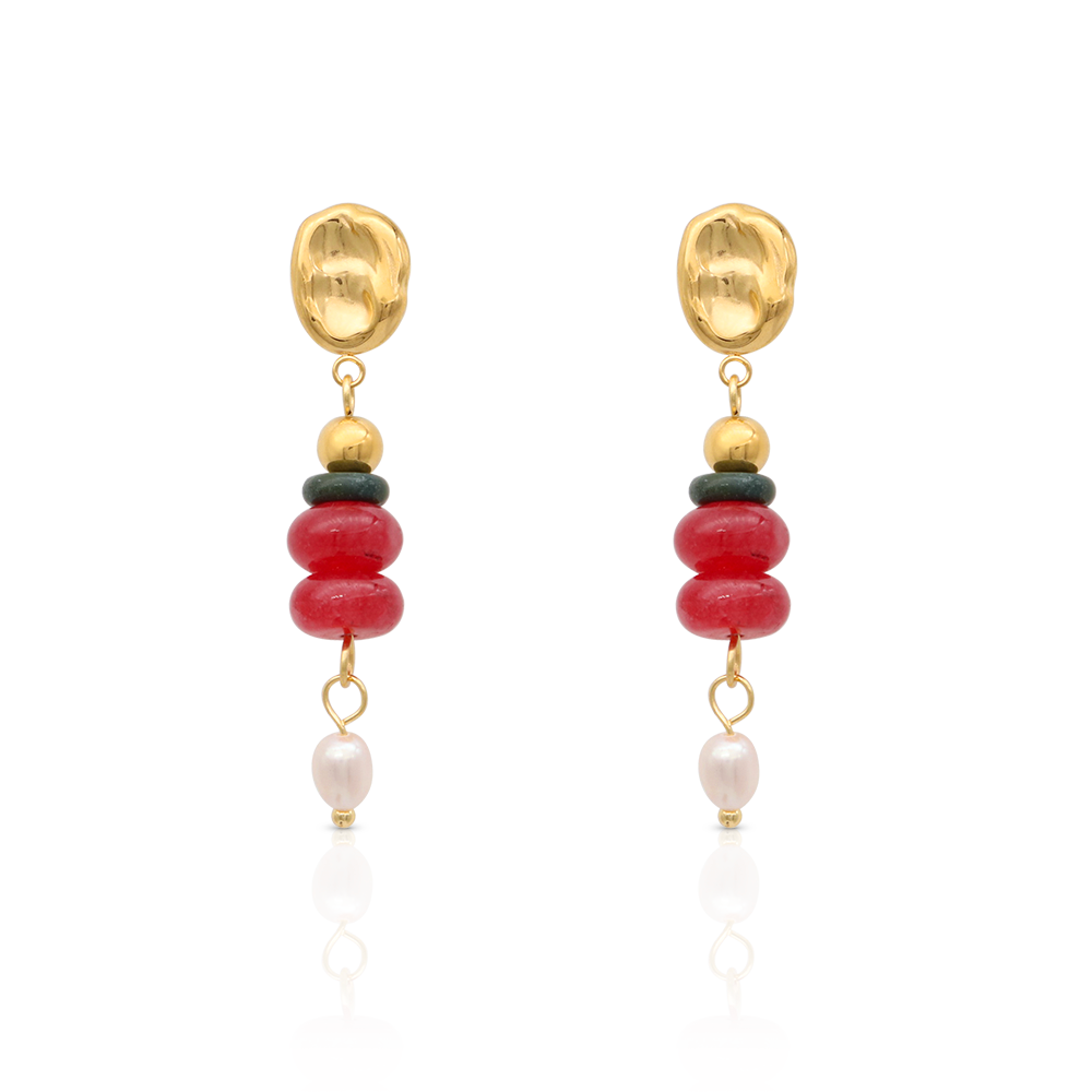 Natural Gem Stones Sweet Water Pearls Organic Texture Drop Earrings - PVD 18k Gold Plated 316L Stainless Steel_E024