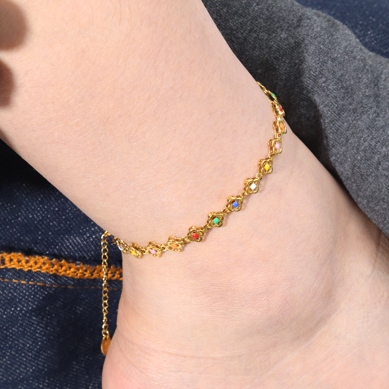 Clovers Candy Colors Enamel Anklets - PVD 18k Gold Plated 316L Stainless Steel_A005