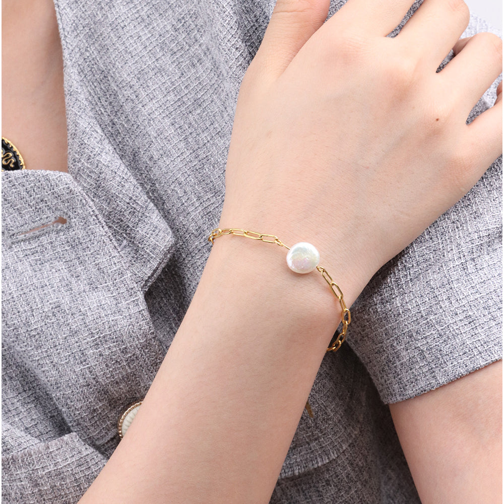 Button Shape Baroque Freshwater Pearl Link Chain Bracelet - PVD 18k Gold Plated 316L Stainless Steel_B021
