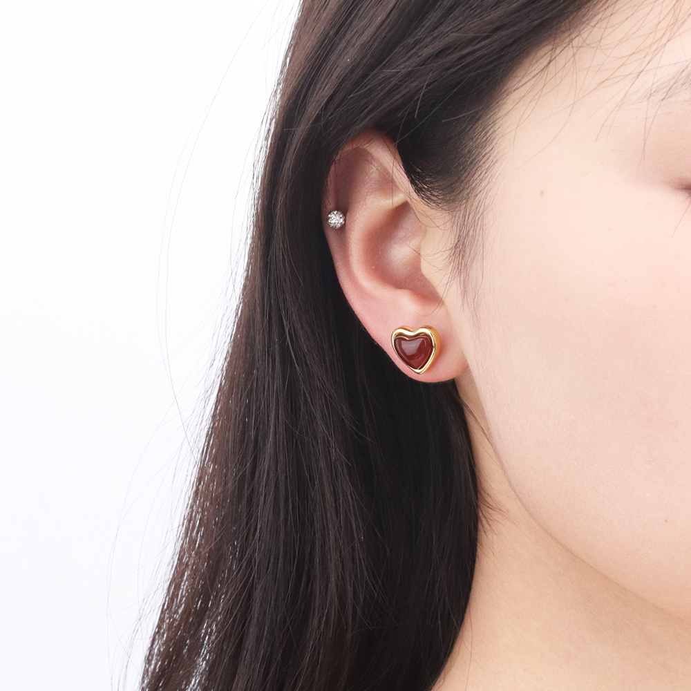 Natural Red / White Agate Heart Stud Earring - PVD 18k Gold Plated 316L Stainless Steel_E015-E016