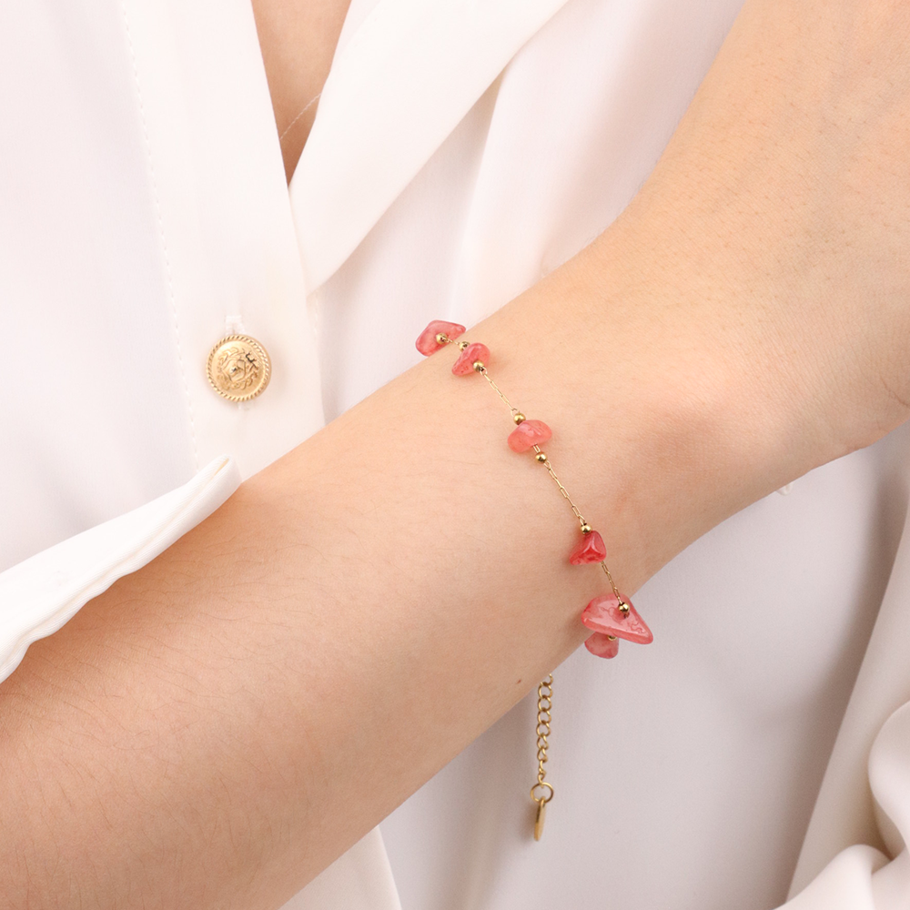 Natural pink Quartz Gems Macadam Power Stones Chain Set: Necklace - PVD 18k Gold Plated 316L Stainless Steel