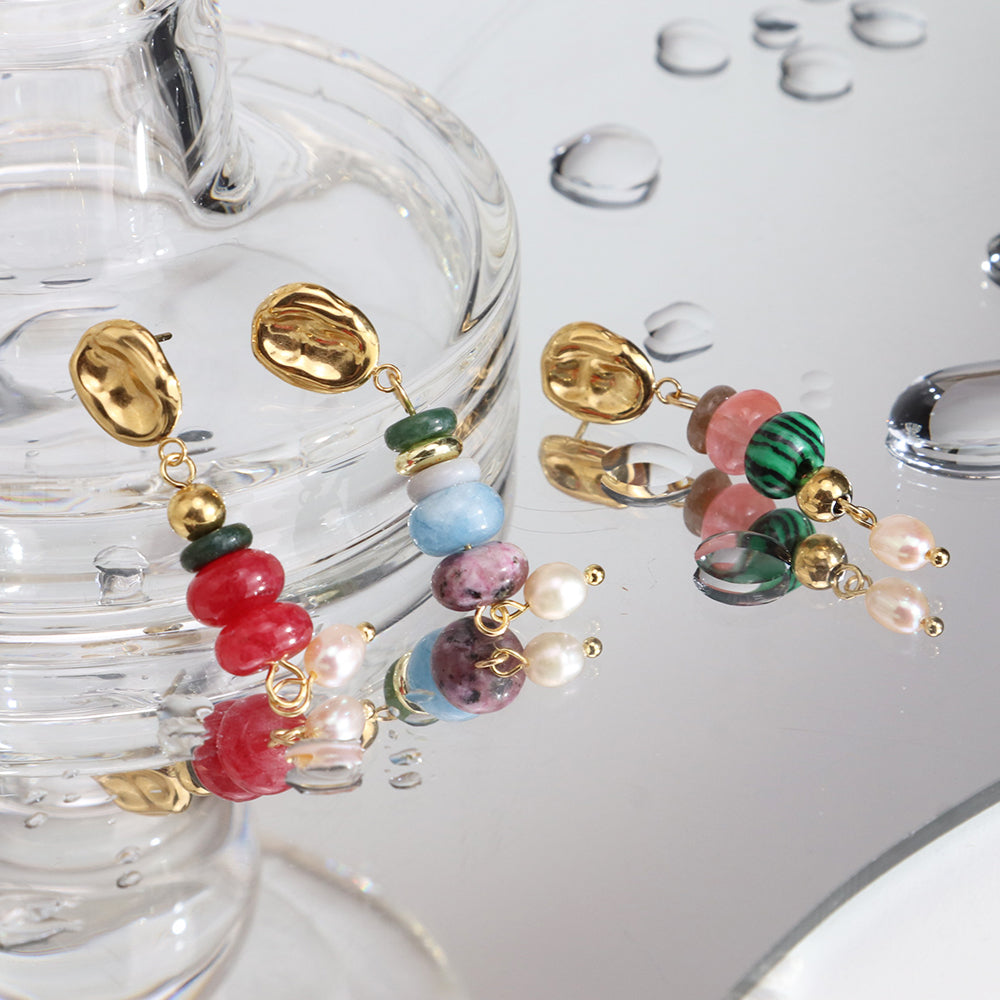 Natural Gem Stones Sweet Water Pearls Organic Texture Drop Earrings - PVD 18k Gold Plated 316L Stainless Steel_E024