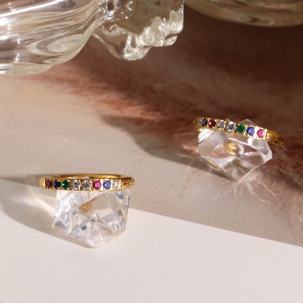 Rainbow Cubic Zirconias huggies Hoops Earrings - PVD 18k Gold Plated 316L Stainless_E025