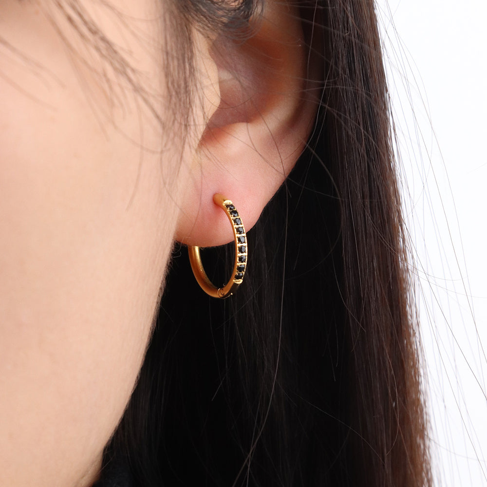 Black Zirconias Bejeweled Huggie Hoops Earrings - PVD 18k Gold Plated 316L Stainless Steel_E054