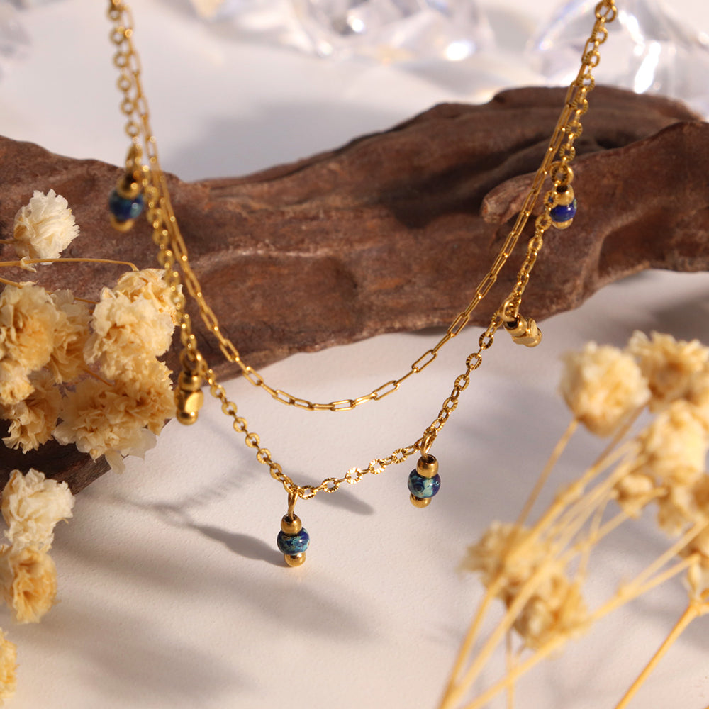 Enamel Vintage Color Beads Double Layers Charms Necklace - PVD 18k Gold Plated 316L Stainless Steel_N022