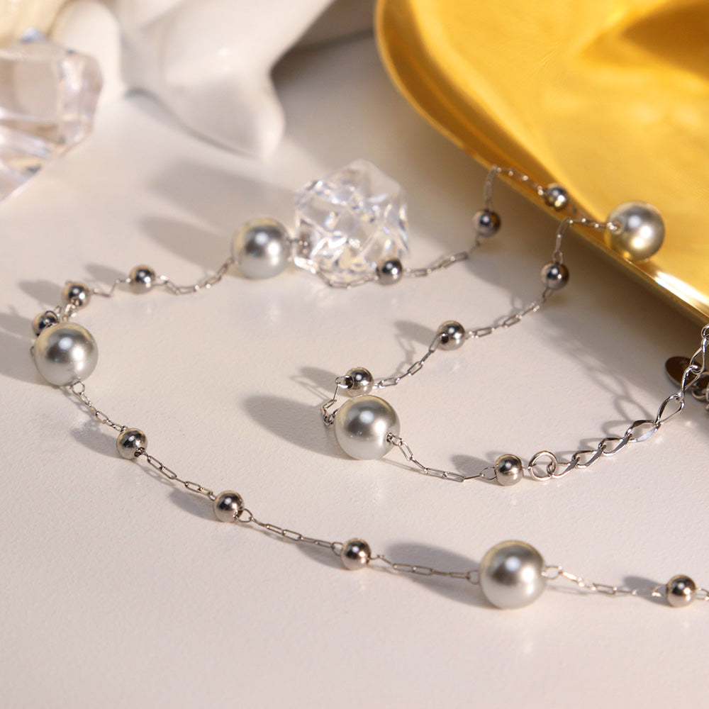 Man-made Pearl Akoya Pearl Beads Satellite Chains Necklace - Silver 316L Stainless Steel_N010