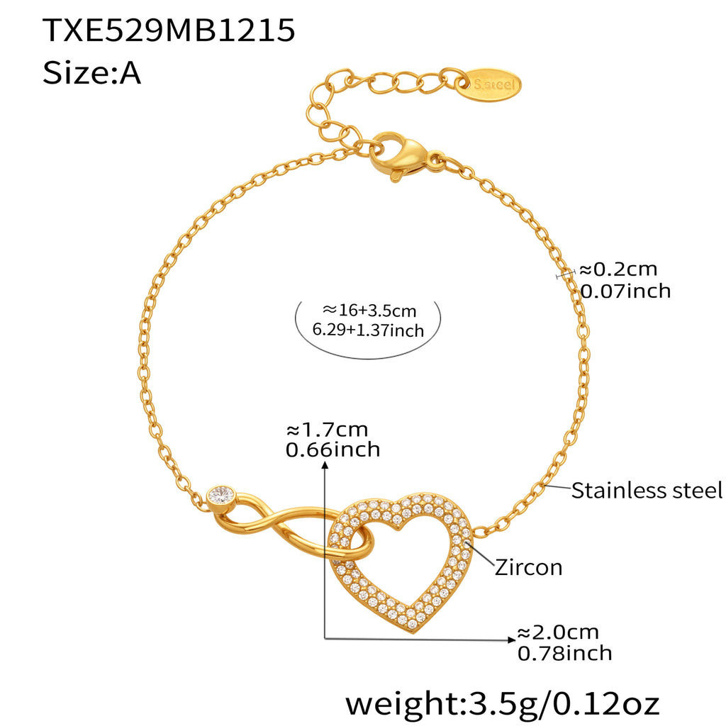 18K Gold-Plated Stainless Steel Jewelry Set - Full Diamond Heart 8 Cross Necklace Bracelet - Set008
