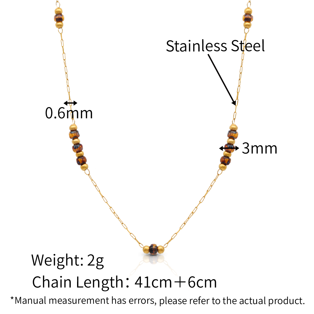 Amber Color Beads Necklace Gold Beads Satellite Chain - PVD 18k Gold Plated 316L Stainless Steel_N021