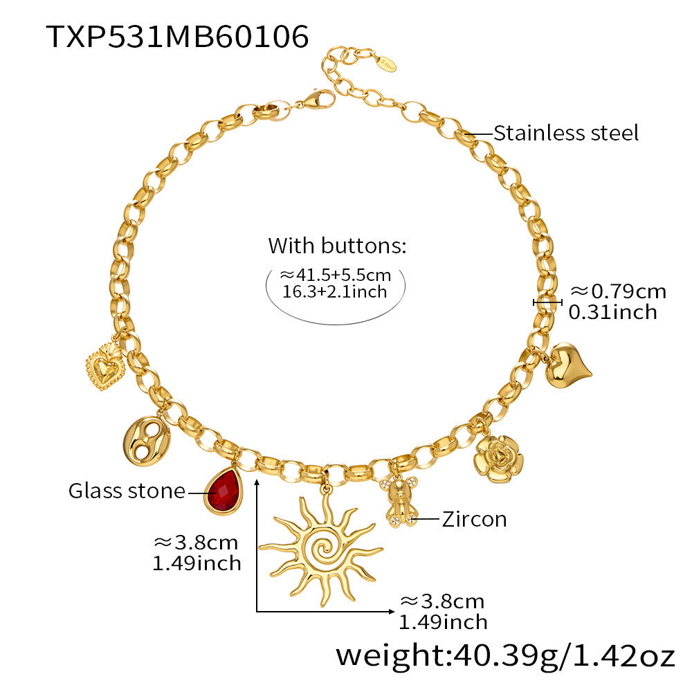 PVD Gold-Plated Stainless Steel Jewelry Set - DIY Sun Heart Bear Multi-Pendant Bracelet Necklace Non-Fading - Set009