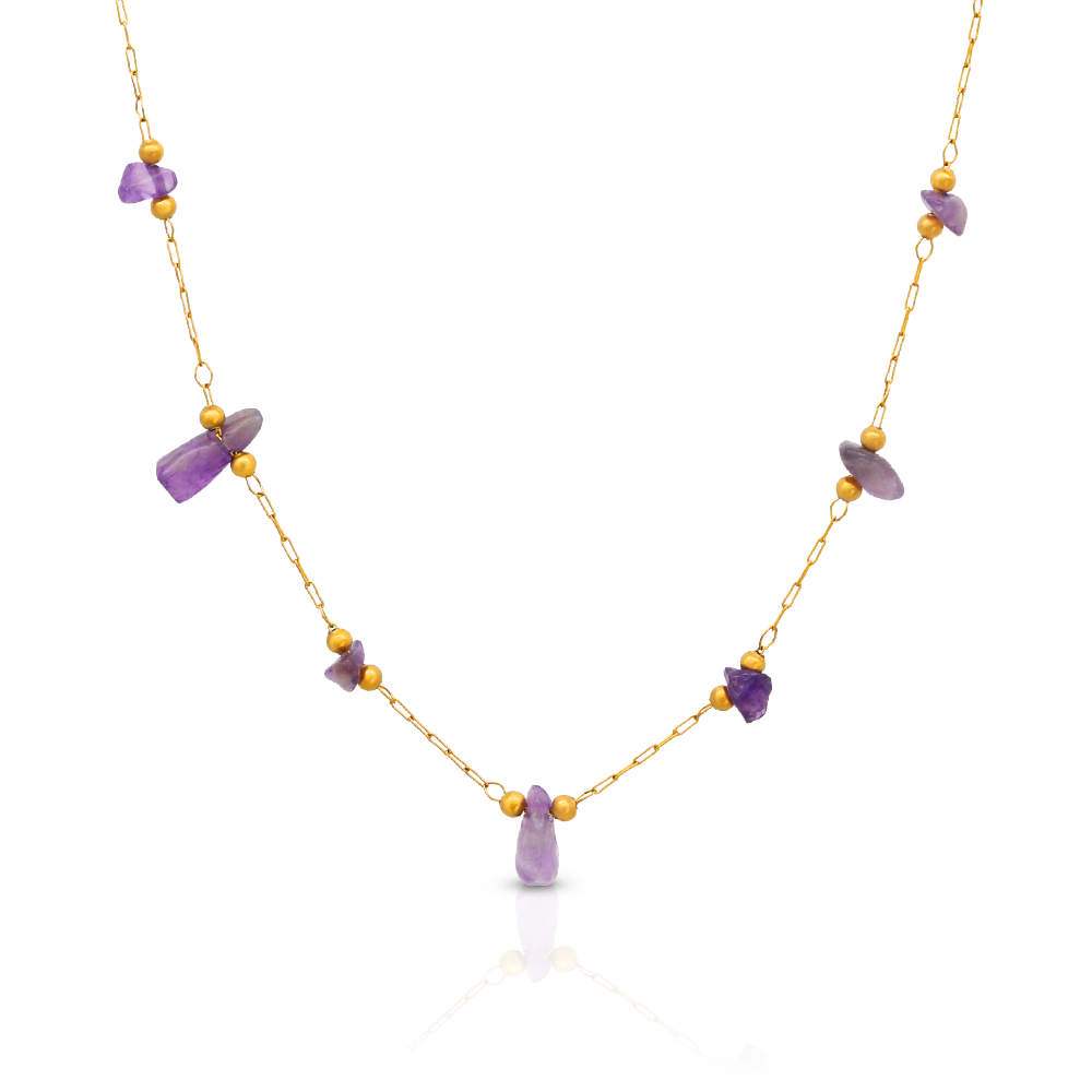 Natural Amethyst Crystal Quartz Satellite Chain Necklace - PVD 18k Gold Plated 316L Stainless Steel_N017