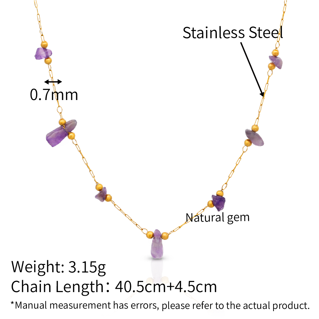 Natural Amethyst Crystal Quartz Satellite Chain Necklace - PVD 18k Gold Plated 316L Stainless Steel_N017
