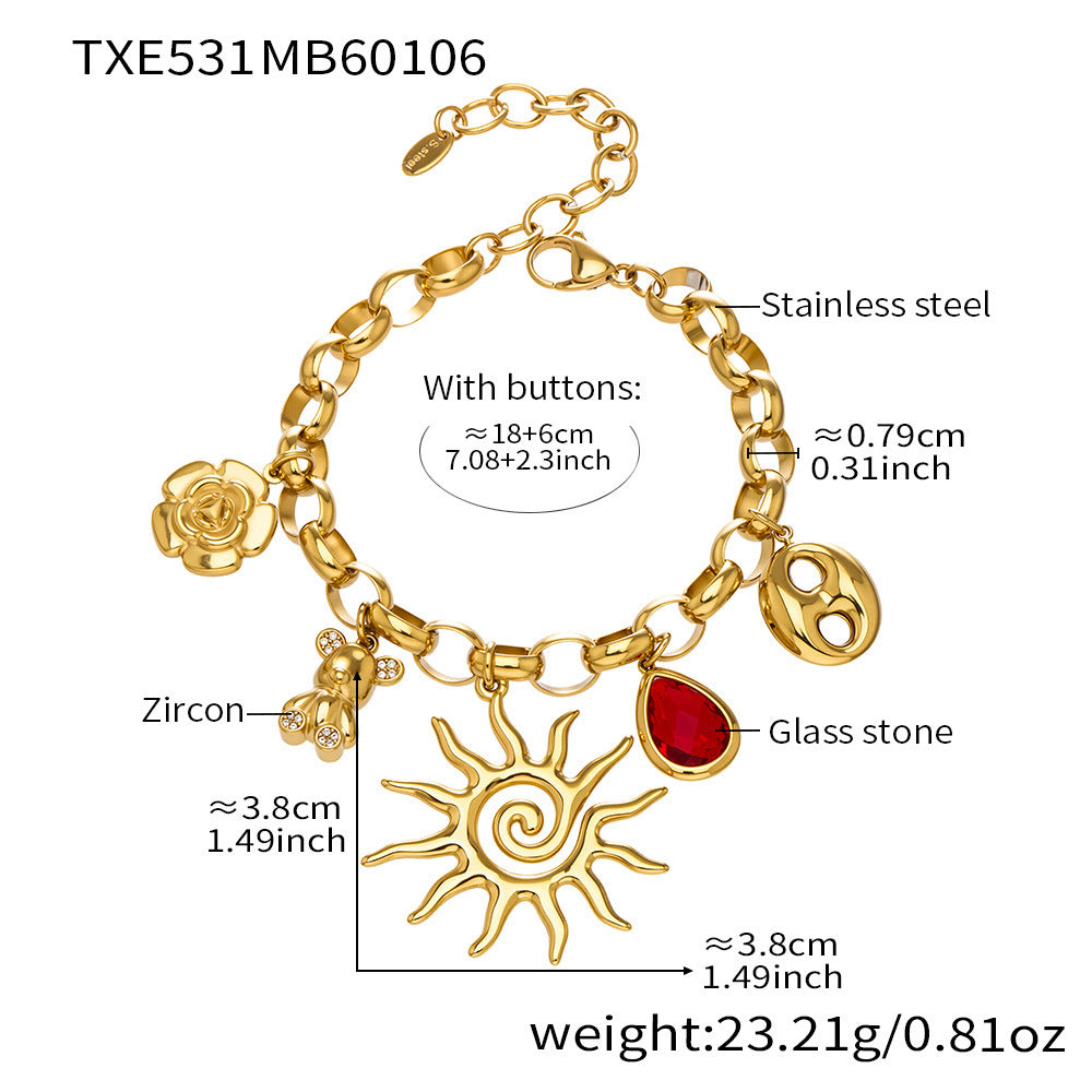 PVD Gold-Plated Stainless Steel Jewelry Set - DIY Sun Heart Bear Multi-Pendant Bracelet Necklace Non-Fading - Set009