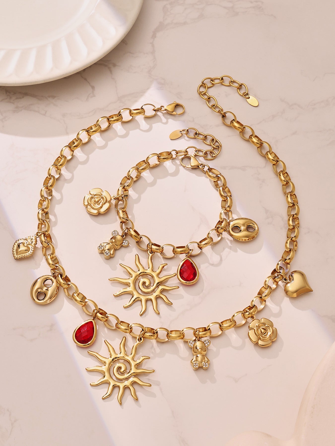 PVD Gold-Plated Stainless Steel Jewelry Set - DIY Sun Heart Bear Multi-Pendant Bracelet Necklace Non-Fading - Set009