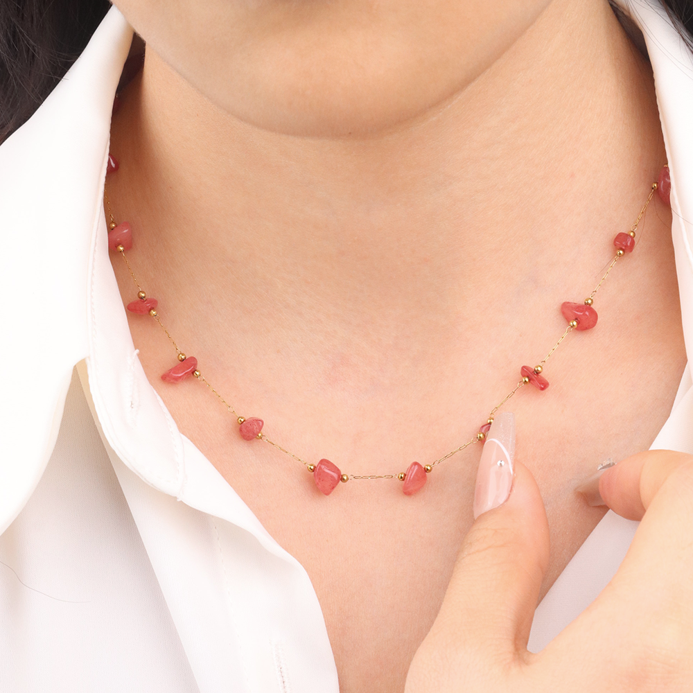 Natural pink Quartz Gems Macadam Power Stones Set (Necklace/ Chain Bracelet  - PVD 18k Gold Plated 316L Stainless Steel_Set001